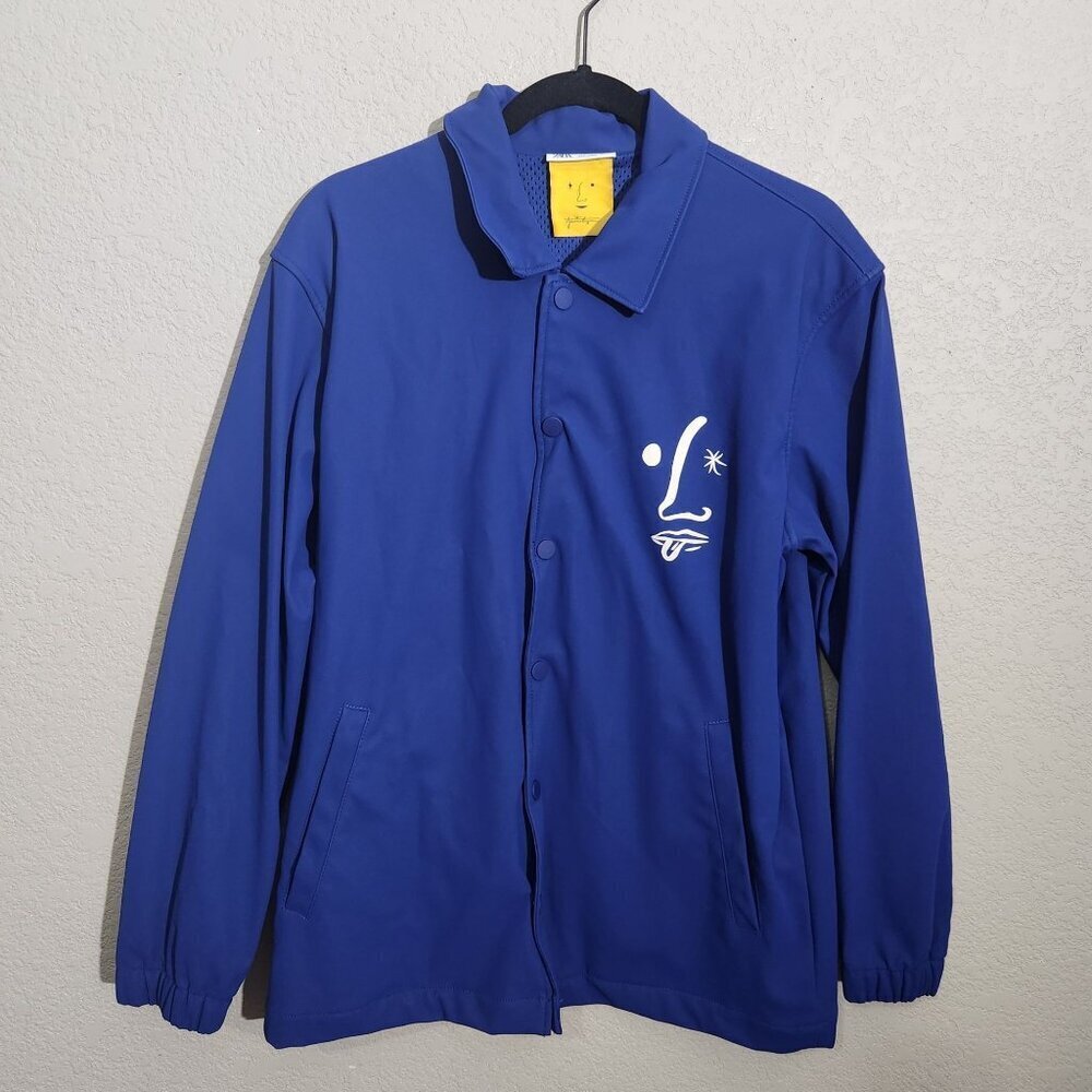 Zara Mens Blue Graphic Lightweight Jacket With Snap Buttons & Face Design
